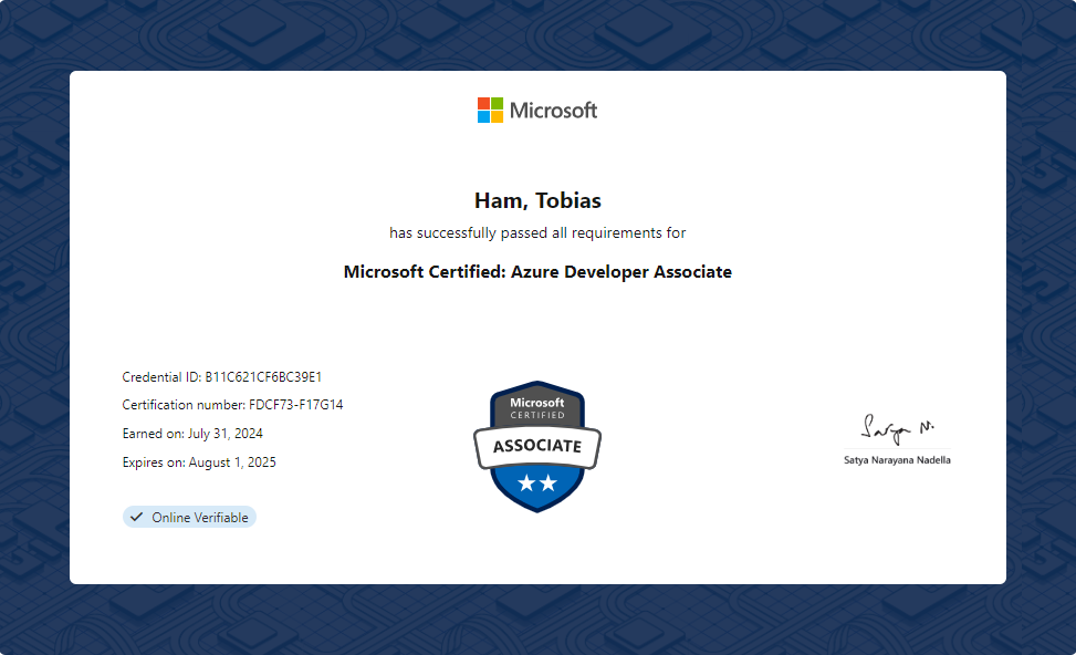 Badge van Microsoft Certified: Azure Developer Associate (AZ-204)